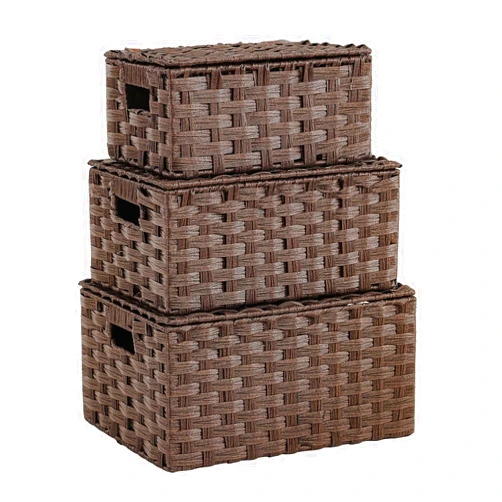 YMhoart Woven Storage Bins With Lids Shelf Baskets Wicker Organizing Rattan Boxes Hand Organizer Closet Handle Makeup Bathroom Decor Shelves Container (Brown)