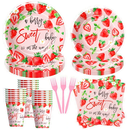 Xigejob Strawberry Baby Shower Plates And Napkins Party Tableware - Berry Sweet Baby Girl Decorations Supplies, Plate, Cup, Napkin, Fork, A Berry Sweet Baby Is On The Way Decorations | Serve 24