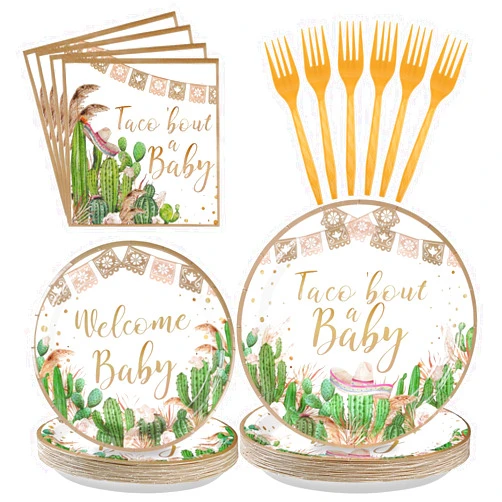 Grencian 96Pcs Taco Bout Baby Shower Party Supplies Taco Bout a Baby Shower Plates and Plates Sets Mexican Fiesta Baby Shower Party Decorations for Boys Girls Cactus Baby Shower Birthday Party Serves 24