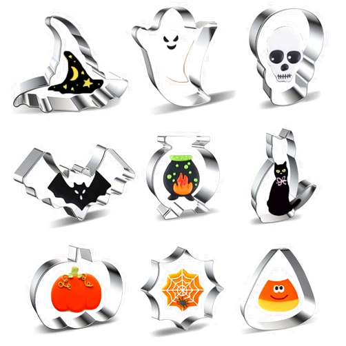 Xzhloym Halloween Cookie Cutter Set 9-Piece Cookie Cutters Shapes with Witch Hat, Ghost, Skull, Bat, Cauldron, Cat, Pumpkin, Spider Web, Candy Corn Shaped Fondant Biscuit Mold Clay Cutter - Stainless Steel