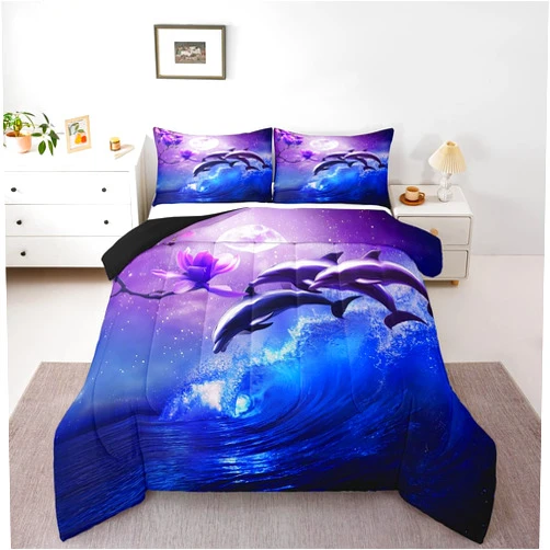 Erosebridal Dolphin Ocean Comforter Set Queen,Coastal Stars Moon Galaxy Bedding Set Cherry Blossoms Sky Starry Comforter for Girls Teen Women Sea Animal Quilted Duvet Purple Blue 2 Pillow Cases