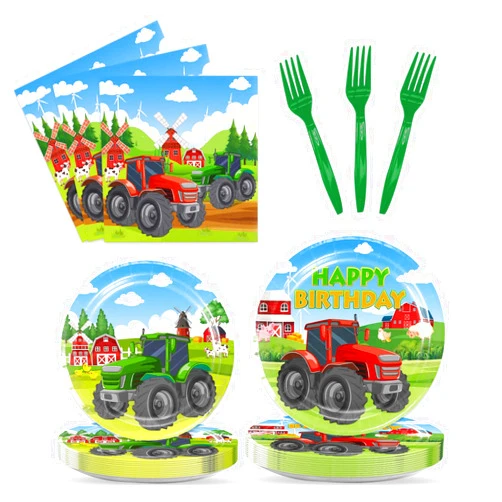 LANGASQUE 96Pcs Tractor Birthday Party Decorations, Tractor Birthday Party Supplies Includes Tractor Plates Napkins Forks, Tractor Theme Tableware Set Tractor Birthday Decorations for Baby Shower(Serves 24)