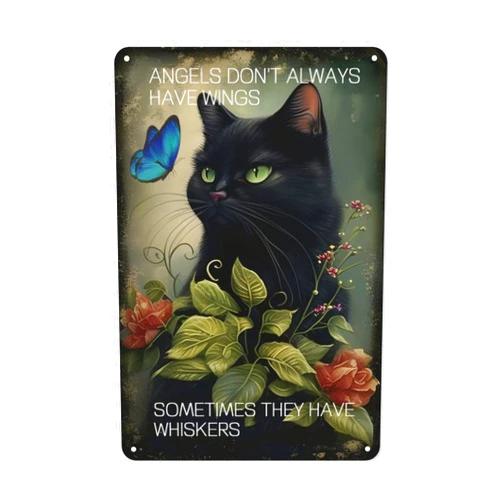 HUAGEXE Cat Decor Vintage Metal Signs Cat Wall Decor For Kitchen Home Bar Wall Art Decor Cat Decor For Cat Lovers 8x12 Inch -ANGELS DON'T ALWAYS HAVE WINGS SOMETIMES THEY HAVE WHISKERS