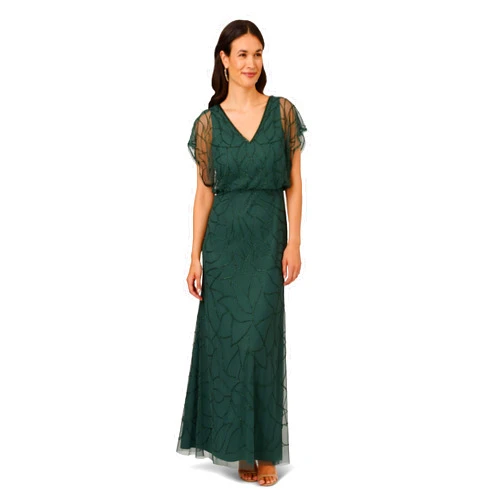 Adrianna Papell Women's Beaded Blouson Long Dress, Dusty Emerald, 16