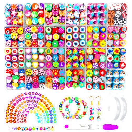 JOICEE 480PCS Fruit Flower Polymer Clay Beads, 24 Style Cute Heart Mushroom Clay Beads Charms for Jewelry Necklace Earring Making, DIY Bracelet Making Kit Accessories for Women Girls