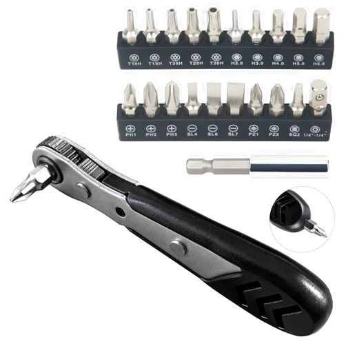STREBITO Mini Ratchet Set, 22-Piece 1/4 Ratchet Right Angle Screwdriver, 36-Tooth Small Ratcheting Wrench Bit Ratchet For Tight Spaces, with Phillips, Slotted, Torx, Hex, Square and Adapter for Socket