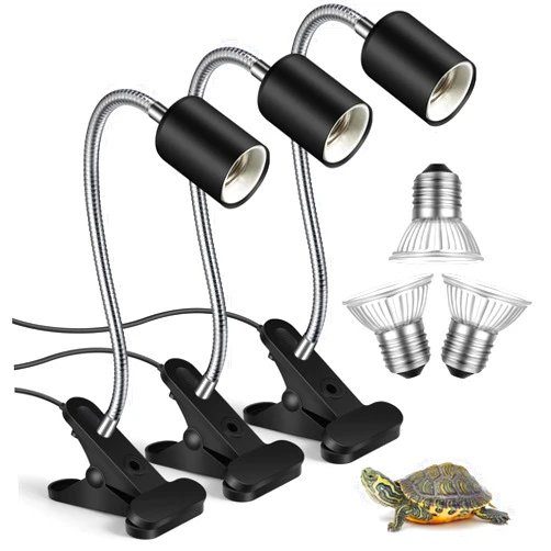 Hortsun 3 Set Reptile Heat Lamp Turtle Lamp Holder Fixture Clamp Basking Spot Lamp Adjustable 50W UVA UVB Full Spectrum Sun Lamp Sunbathe Heat Bulb for Turtle Snake Aquarium Amphibian (Black)
