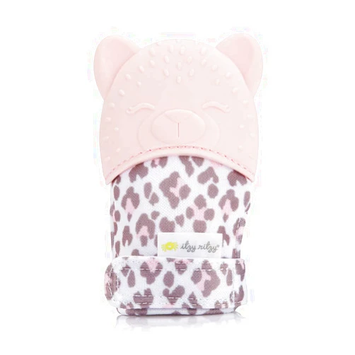 Itzy Ritzy Silicone Teething Mitt - Soothing Infant Teething Mitten w/Adjustable Strap, Crinkle Sound, Textured Silicone to Soothe Sore & Swollen Gums, Baby Teething Toy for 3 Mos & Up, Blush Leopard