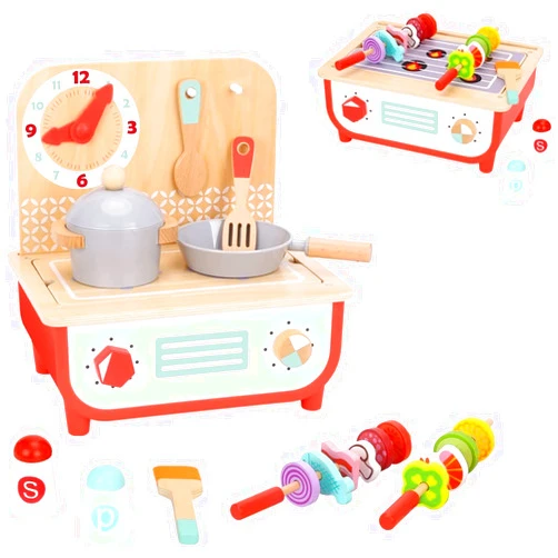 TOOKYLAND Wooden Pretend Cooking Playset - 23pcs - Play Kitchen Toy with Cooktop, Barbecue, Food Items and Accessories, Ages 3+
