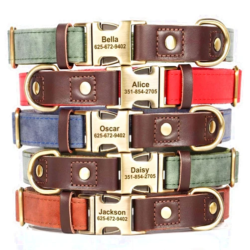 KINYABLUE Personalized Dog Collars Soft Leather Custom Dog Collars with Pet Name and Phone Number for Large Dogs, Adjustable Heavy Duty Dog Collar with Quick Release Metal Buckle (Blue,L)