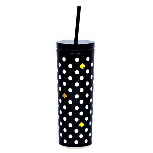 kate spade new york Insulated Tumbler with Reusable Straw, Black 24 Ounce Acrylic Travel Cup with Lid, Polka Dots
