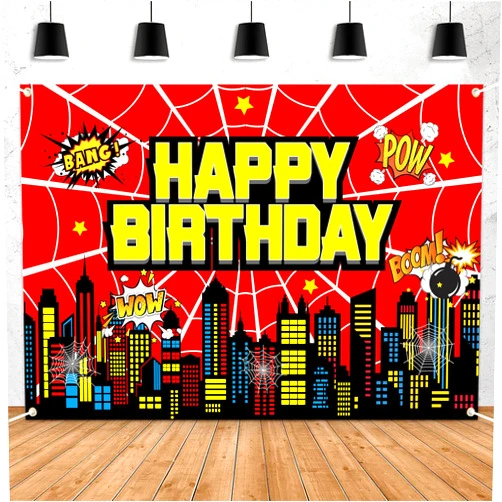 Celchvens Superhero Birthday Backdrop for Boys 7x5ft - Super City Skyline Party Banner, Cityscape Theme Wall Decoration for Kids Superhero Party Photo Background Photography Props