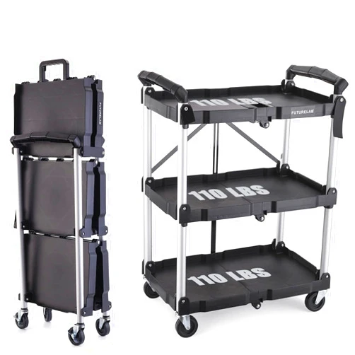 FUTURELAB Portable Folding Service Cart - 3 Tier 330LBS Capacity - Rolling Cart Utility Cart Foldable Cart with Wheels for Warehouse Home Workshops Garages Restaurants Offices