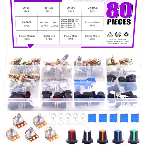 Swpeet 80Pcs 1K-500K Ohm Potentiometer Assortment Kit with 1Kohm -100Kohm Multiturn Trimmer, Knurled Shaft 3 Terminals Single Linear HighPrecision Variable Resistor with Nuts and Washers