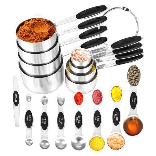 KELOFKO 16 Pieces Measuring Cups and Magnetic Measuring Spoons Set Stainless Steel,8 Measure Cups with Silicone Handle and 7 Double Sided Magnetic Measure Spoons & 1 Leveler