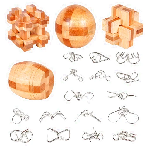 Buootooy Brain Teaser Puzzle 20Pcs Unlock Interlock Game IQ Test Wooden Toy 3D Unlock Interlock Puzzle Magic Ball Brain Teaser Toy Puzzles for Adults