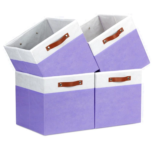 Temary Cube Storage Bins 4Pack Foldable Cube Baskets for Clothes Shelf Storage Basket with Handles, Storage Box Fabric Storage Organizer Bins for Home (White&Purple, 13x15x13 Inch)
