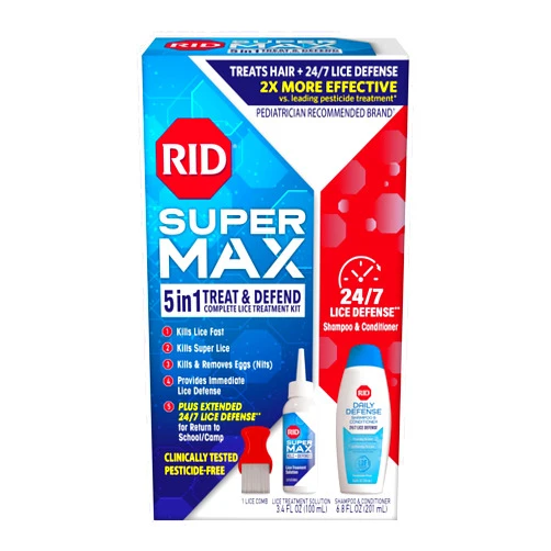 RID Super Max Lice Treatment Kit, Kills Lice & Super Lice & Eggs + 24/7 Lice Defense, Pesticide Free, 3.4 FL OZ Solution + 6.8 FL OZ Daily Defense Shampoo & Conditioner + Nit Removal Comb