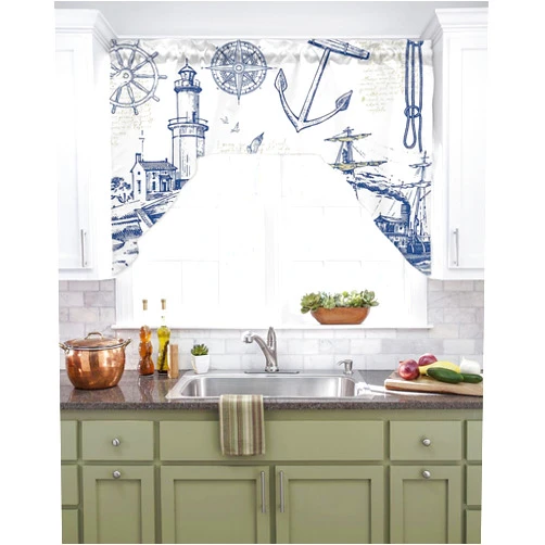 Jolunifun Retro Light-House Swag Valance Kitchen Curtains, Rod Pocket Valance Curtain Panels for Bedroom Living Room Bathroom Cafe Windows, Blue Ocean Coastal Nautical Anchor 56''x36''