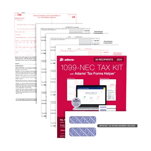 Adams 2024 1099 NEC Tax Forms Kit for 50 Recipients, 3-Part 1099 Forms, 6 1096 Forms, Self Seal Envelopes, Access to Adams Tax Forms Helper (1009315)