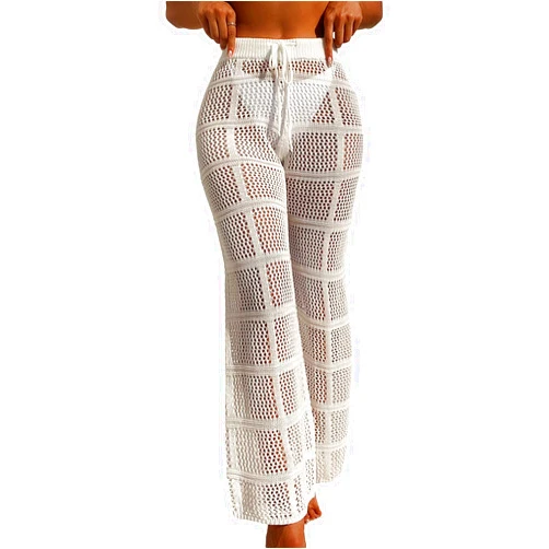 SHENHE Women's Crochet Sheer Swim Cover Up Pants Drawstring Hollow Out Loose Beach Pants