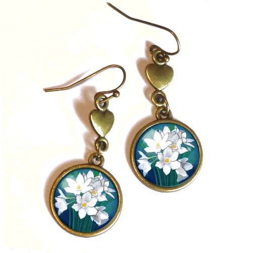 The Divine Iguana Paperwhite Narcissus Spring Flower Cottage Core Glass Cabochon Earrings