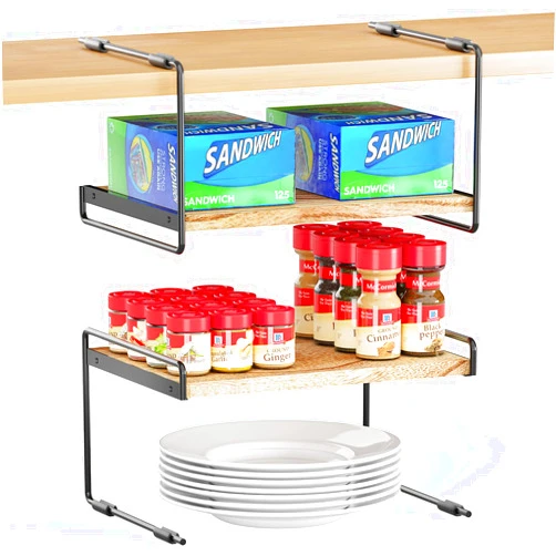 SpaceAid Cabinet Shelf Organizers 2 Pack, Kitchen Counter Organizer Rack Under Shelves Riser, Pantry Cupboard Storage Organization, Metal and Wood, Black and Natural, 13