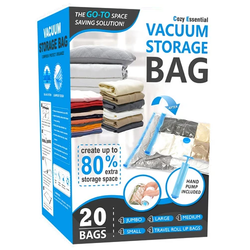 Cozy Essential 20 Pack Vacuum Storage Bags, Space Saver Bags (4 Jumbo/4 Large/4 Medium/4 Small/4 Roll) Compression for Comforters and Blankets, Sealer Clothes Storage, Hand Pump Included