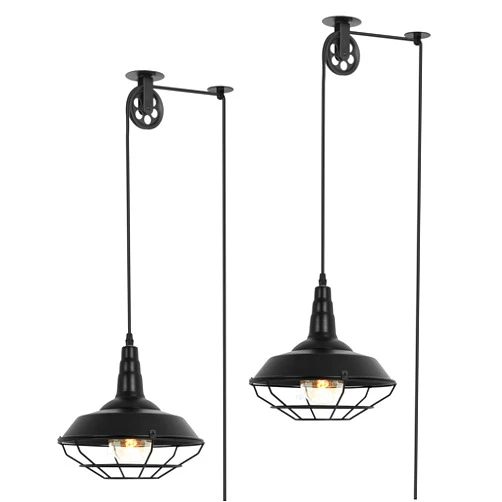 KIGHSIN Farmhouse Black Metal Wire Cage Plug in Pulley Pendant Lights with 19.4ft Adjustable Cord On/Off Switch, Industrial Vintage Barn Hanging Ceiling Light for Kitchen Island Hallway Foyer (2 Pack)