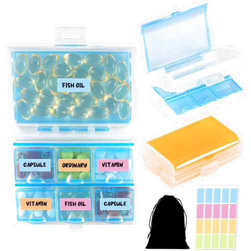 MICARA Travel Pill Box Organizer for Purse with 7 Large Compartments, 3 Pack Small Pill Case Container for Daily Weekly 7 Days Medication, Vitamin Supplement with Tag and Storage Bag