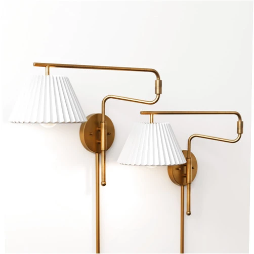 Nathan James Kai Modern Wall Mounted Plugin Bedside Reading Lamp with Pleated Shade, Vintaged Brass Finish, Set of 2