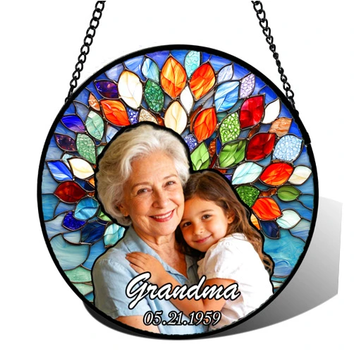 DASTOLL Personalized Grandma Stained Glass Window Hanging - Custom Photo Gifts Memorial Ornaments Sun Catcher, Mother's Day Christmas Birthday Gift for Nana Grandparents Mom Mother in Law Women Lovers Dad