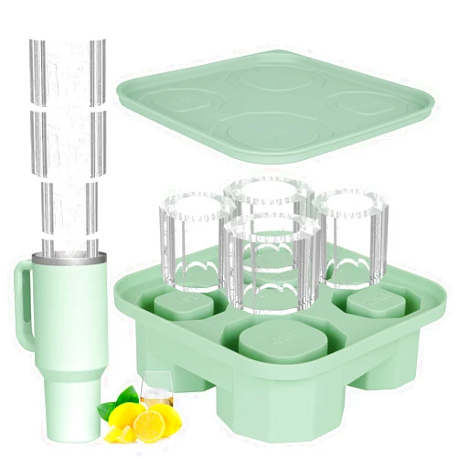 CCILAND Ice Cube Tray for Tumbler Cup, Silicone Tumbler Ice Mold Large Cylinder Ice Tray with Lid for 20-40Oz Tumblers, Drinks, Whiskey, Coffee, Easy Fill and Release Ice Maker (Green)
