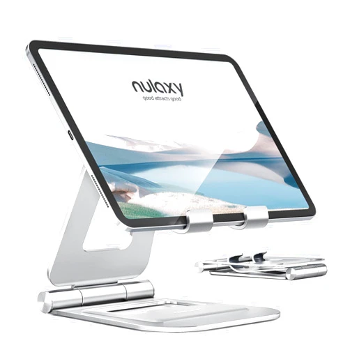 Nulaxy Aluminum Dual Foldable iPad Stand, Fully Adjustable Desktop Tablet Holder, iPad Accessories for Office Kindle Compatible with Mobile Devices iPad Pro/Air/Mini, iPhone Pro/Max/Plus, Silver