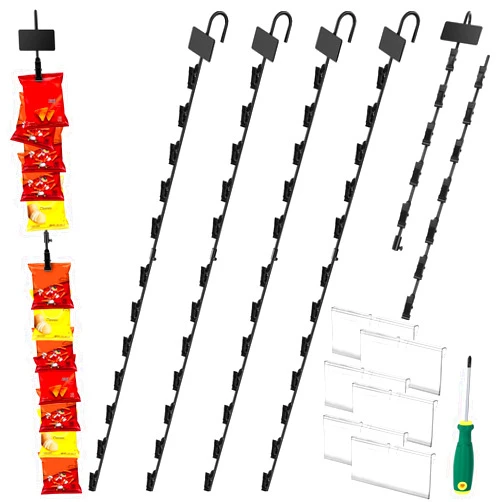 HawHawToys Hanging Merchandise Strips with Hooks, Pack of 6 – 33 inch Chip Rack with 12 Clips, Chips Holder, Hanging Display Strip for Retail Displaying (Black)