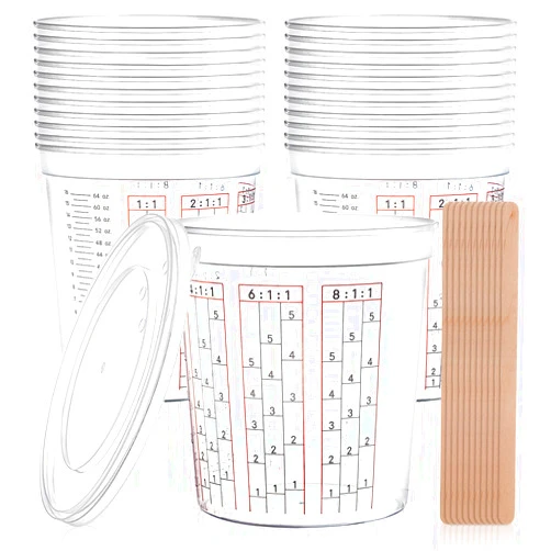 Yesland 12 Pack Paint Mix Cups with Lids and 50 Sticks - 64 Oz Graduated Paint Mixing Cups Plastic Epoxy Measuring Cups with Calibrated Mixing Ratios on Side of Cup for Activators, Thinner, Resin