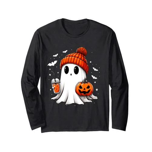 Funny Halloween Pumpkin Ghost Ice Coffee Cute Ghost Drinking Coffee Halloween Ghost Ice Coffee Womens Long Sleeve T-Shirt