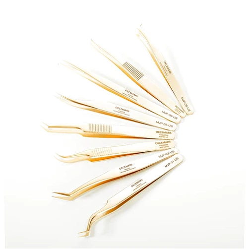 DeceMars Fiber Tip Eyelash Extensions Tweezers Stainless Steel Lash Tweezer Gold (02)