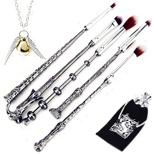 LSKUIKDS Wizard Wand Potter Makeup Brushes, 5sets Potter Makeup brushes Magic for Foundation Eye Shadow Eyeliner Blending Pencil Lip Brush Beauty Tools with Potter Snitch Gold Necklace