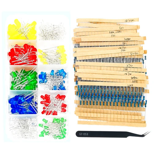 Eloogaa Led Resistor Kit 600Pcs 30 Values Resistor Kit 10 Ohm-1M Ohm with 1% 1/4W Carbon Film Resistors Assortment,200Pcs 5 Colors 3mm&5mm LED Light Emitting Diode,with Tweezer