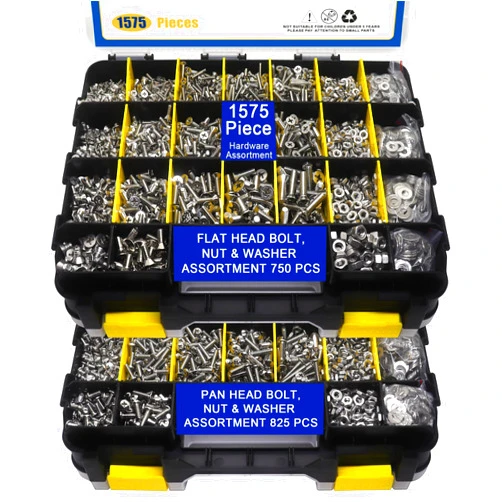 BUSY-CORNER 1575 PCS Nuts and Bolts Assortment Kit, Stainless Steel Phillips Pan Head & Flat Head Screws, Assorted Nuts Bolts Washers with Double Sided Organizer Box