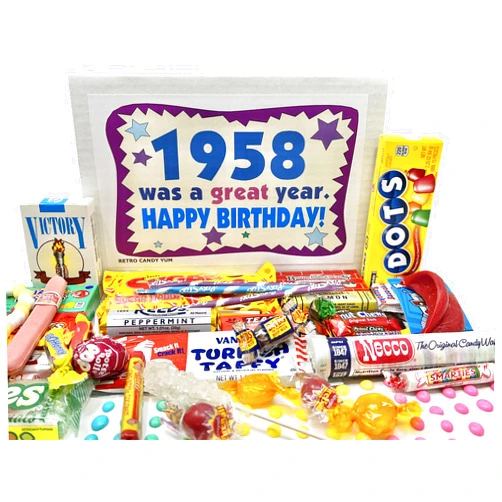 RETRO CANDY YUM ~ 1958 66th Birthday Gift Box Nostalgic Candy Mix from Childhood for 66 Year Old Man or Woman Born 1958 Jr