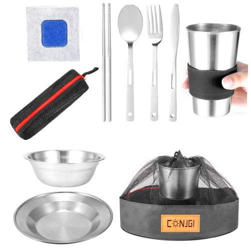 CONJGI Outdoor Camping Mess Kit - 1 to 2 persons Camping Dishes Includes Cups, Bowls, Dishes, Knives, Forks, Spoons, Etc, Camping Dinnerware Set with Mesh Bag is Easy to Carry Camping Tableware Set