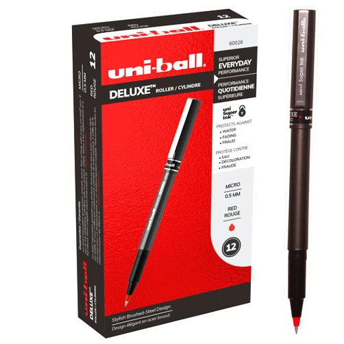 Uni-Ball Uniball Deluxe, Red Rollerball Pens - 0.5mm Micro Point, Pack of 12