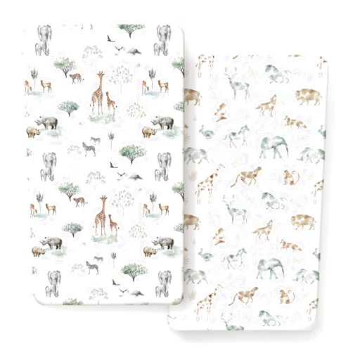 GRSSDER Stretch Ultra Soft Jersey Knit Fitted Crib Sheets Set 2 Pack，Fit All Standard Crib Mattress Pads Safe and Snug, Crib Fitted Sheet for Baby, Stylish African Savannah Animals Pattern