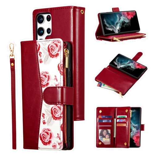 UEEBAI Wallet Case for Samsung Galaxy S22 Ultra 5G, PU Leather Magnetic Closure Handbag Zipper Pocket Case Kickstand Card Holder Slots with Wrist Strap TPU Shockproof Flip Cover - Flower Wine Red