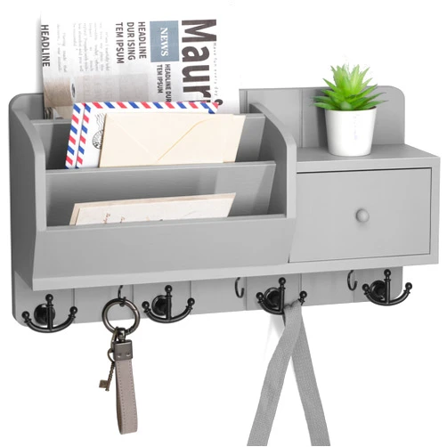 Rebee Vision Key Holder Wall Mount with Mail Sorter and Drawer Organizer - Modern Mail Organizer Wall Mounted with Wall Hooks - Home Organization for Apartment Essentials (Light Gray)