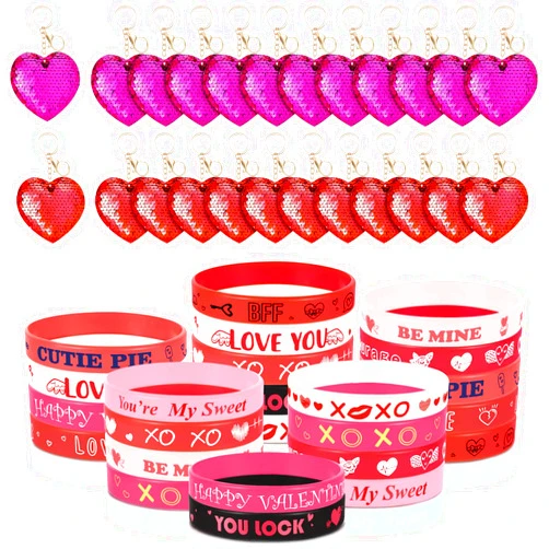 Yinkin 48 Pcs Valentine's Day Part Favors Heart Love Silicone Bracelets Keychains Sequin Set 24 Heart Keychains 24 Heart Rubber Wristbands for Valentines Day Party Favors Exchange Prizes (Red, Rose Red)