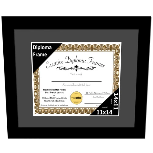 Creative Picture Frames 11x14 Classic Black Diploma Frame with Black Mat Glass Easel and Installed Wall Hangers