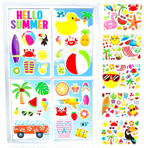MoShining Pool Beach Window Clings Stickers 200+ Counts Hello Summer Window Decals Sun Beach Ice Cream Double-Sided Anti-Collision Decal for Summer Pool Party Supplies Home Office Gifts 9 Sheets